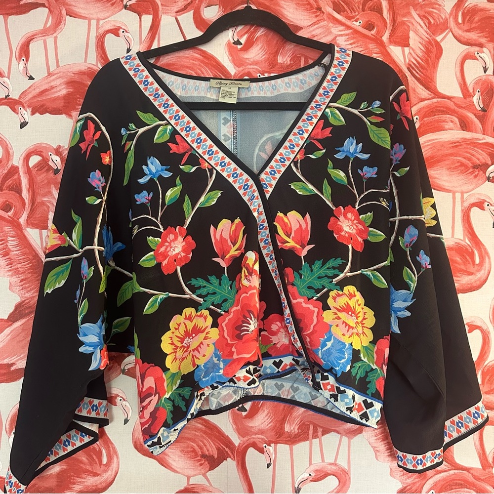 Flying Tomato Floral Boho Bell Sleeves Cropped Blouse Size Medium